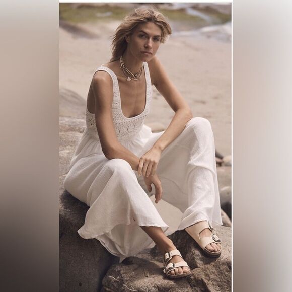 Free people Soleil wide leg cream jumpsuit romper gauzy cotton and crochet small - Picture 13 of 13